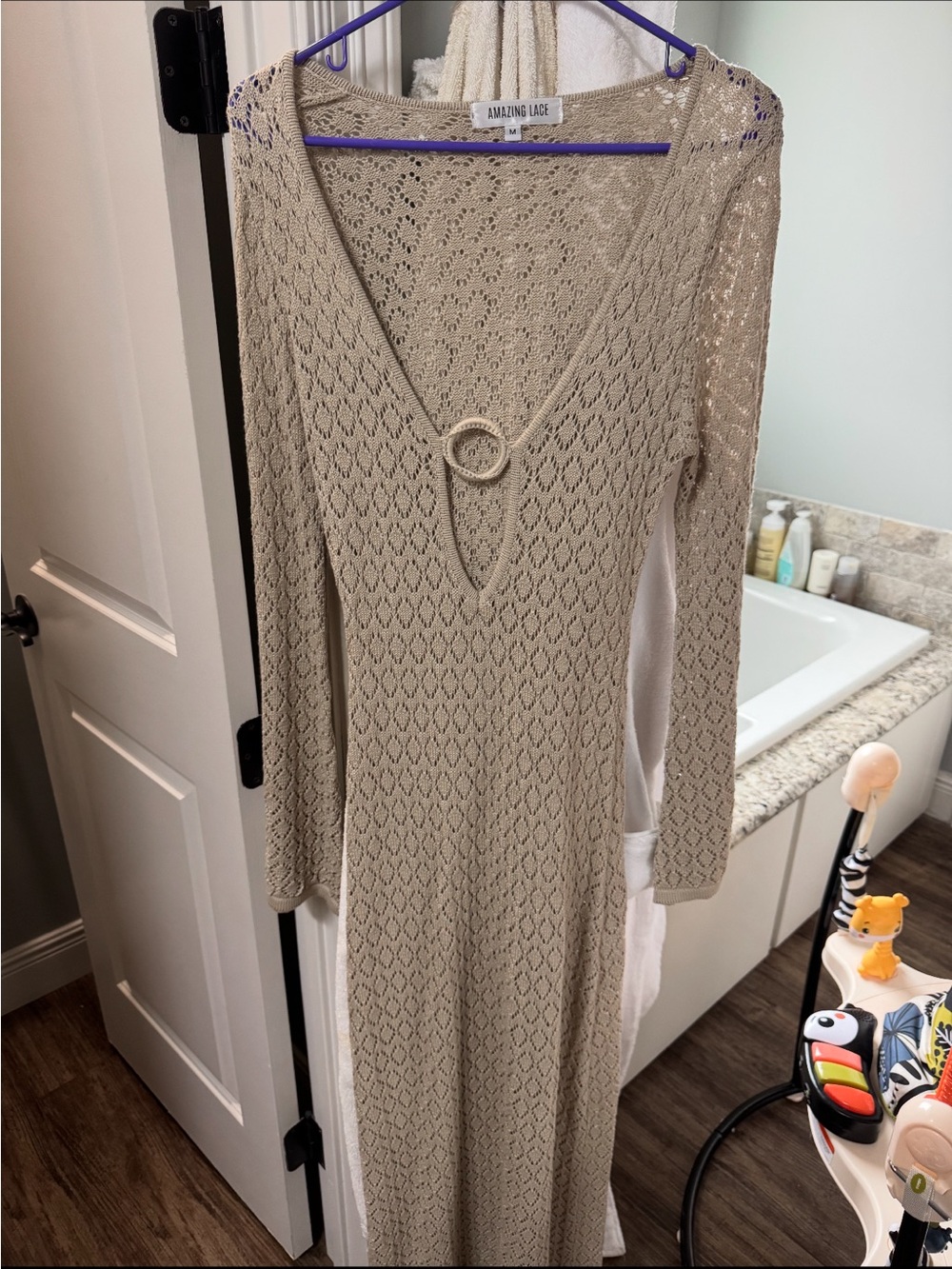 Amazing Lace Long Sleeve Crochet Maxi Dress Coverup in Beige Taupe